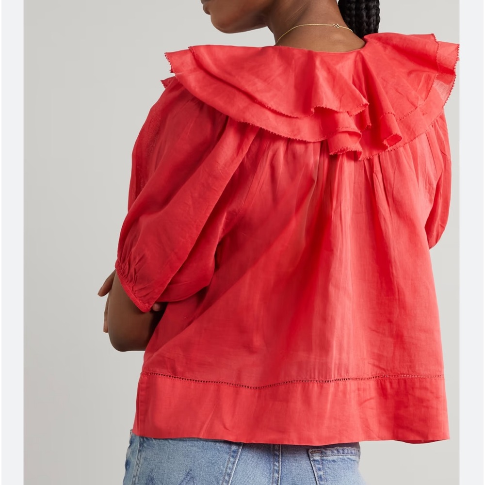NWT $248 The Great The Sunrise Ruffled Cotton-Voile Red Short Sleeve Blouse - Picture 4 of 10